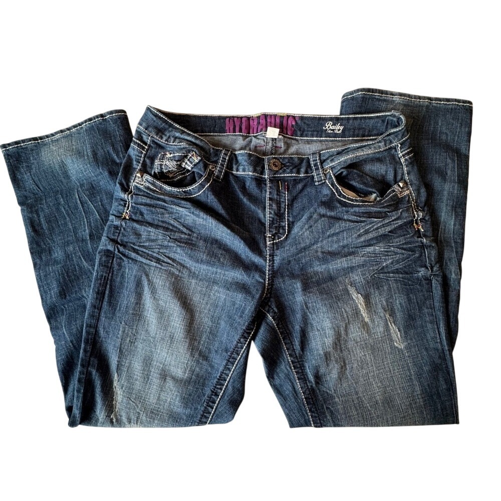 Y2K Hydraulic Bailey Slim Boot Jeans Dark Wash Distressed Contrast Stitch